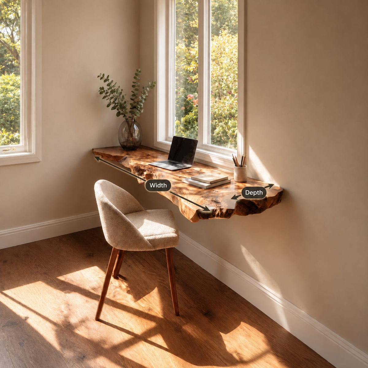 Floating Desk Live Edge Wood Wall Mounted Slab, Space Saving Small Office Desk for Bedroom Nook