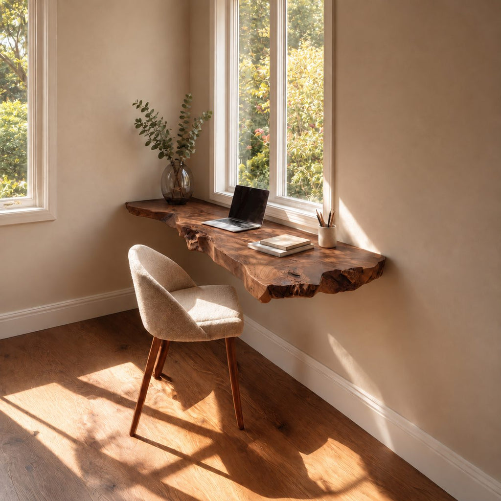 Floating Desk Live Edge Wood Wall Mounted Slab, Space Saving Small Office Desk for Bedroom Nook