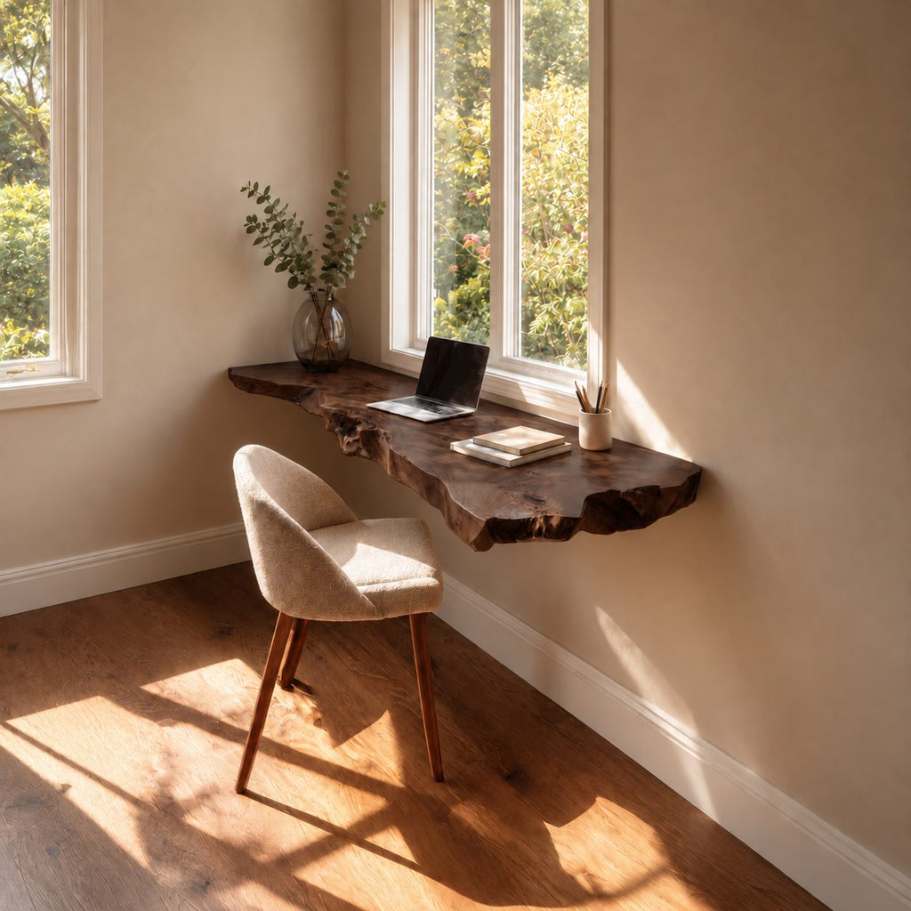 Floating Desk Live Edge Wood Wall Mounted Slab, Space Saving Small Office Desk for Bedroom Nook