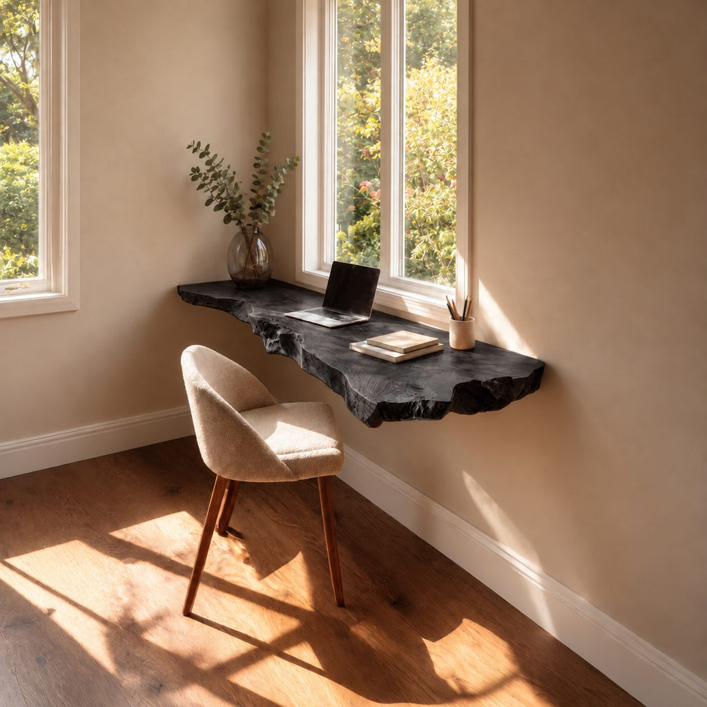 Floating Desk Live Edge Wood Wall Mounted Slab, Space Saving Small Office Desk for Bedroom Nook