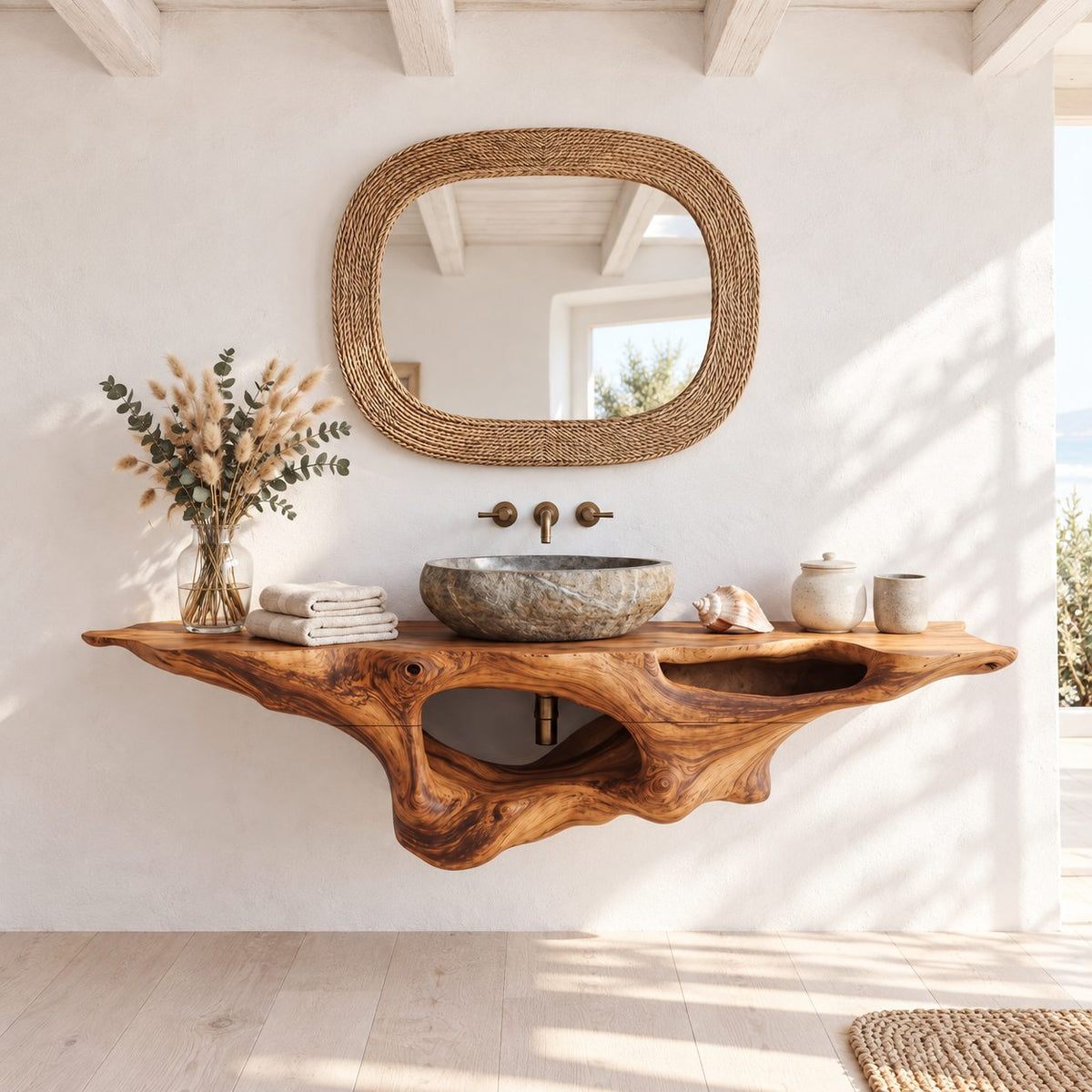 Floating Bathroom Vanity 20-60 Inch Sculpted Driftwood Style Body with Open Hollow, Wall Mounted
