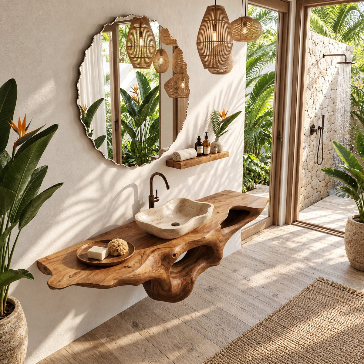 Floating Bathroom Vanity 20-60 Inch Sculpted Driftwood Style Body with Open Hollow, Wall Mounted