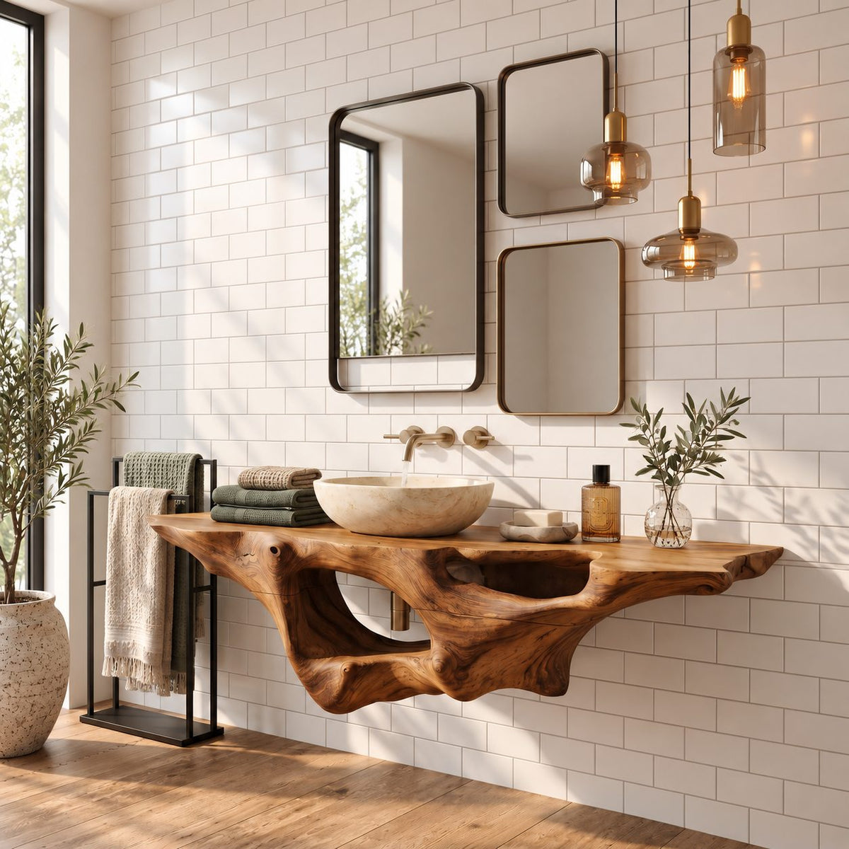 Floating Bathroom Vanity 20-60 Inch Sculpted Driftwood Style Body with Open Hollow, Wall Mounted