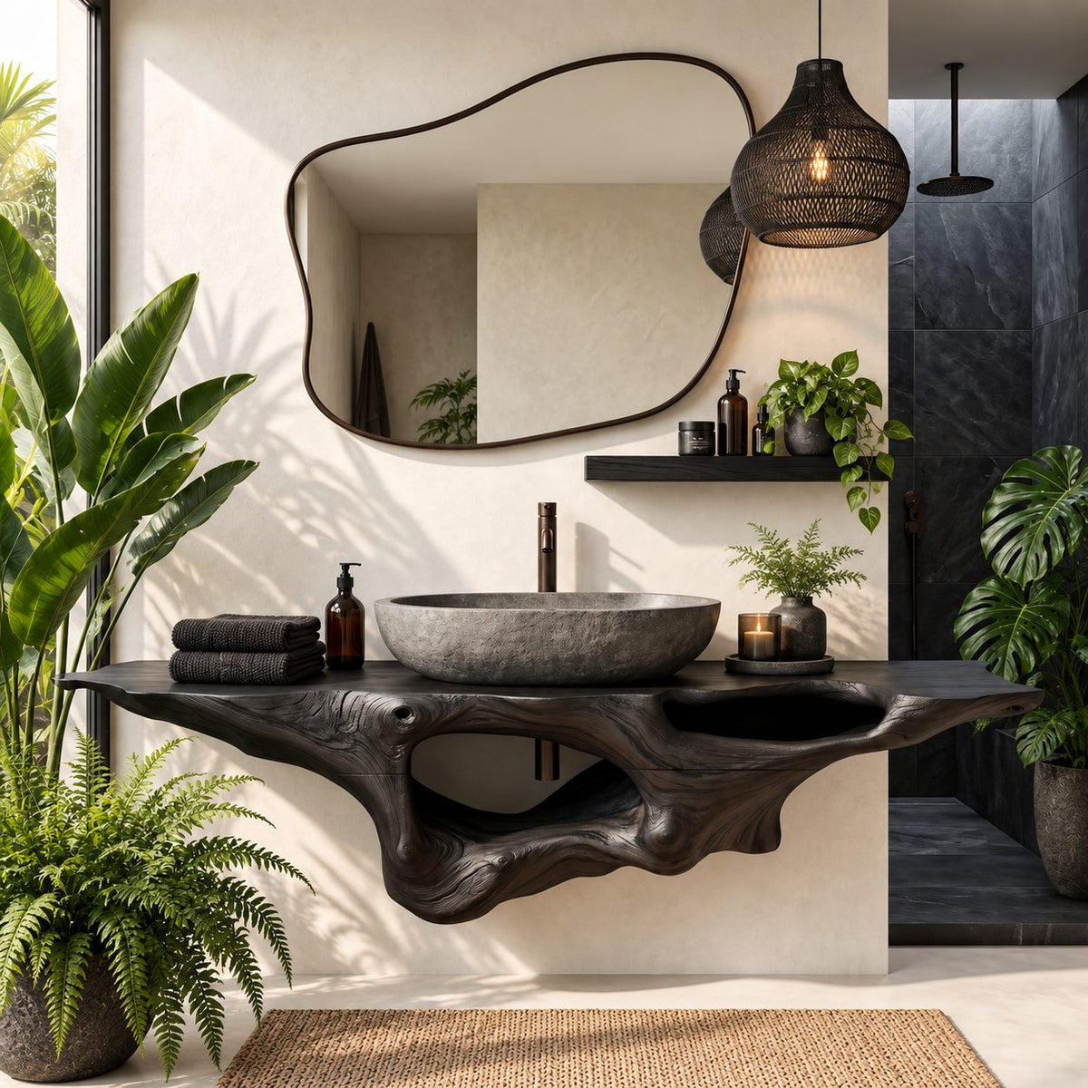 Floating Bathroom Vanity 20-60 Inch Sculpted Driftwood Style Body with Open Hollow, Wall Mounted