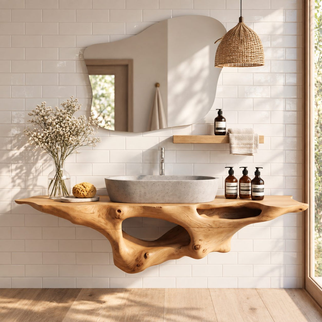 Floating Bathroom Vanity 20-60 Inch Sculpted Driftwood Style Body with Open Hollow, Wall Mounted
