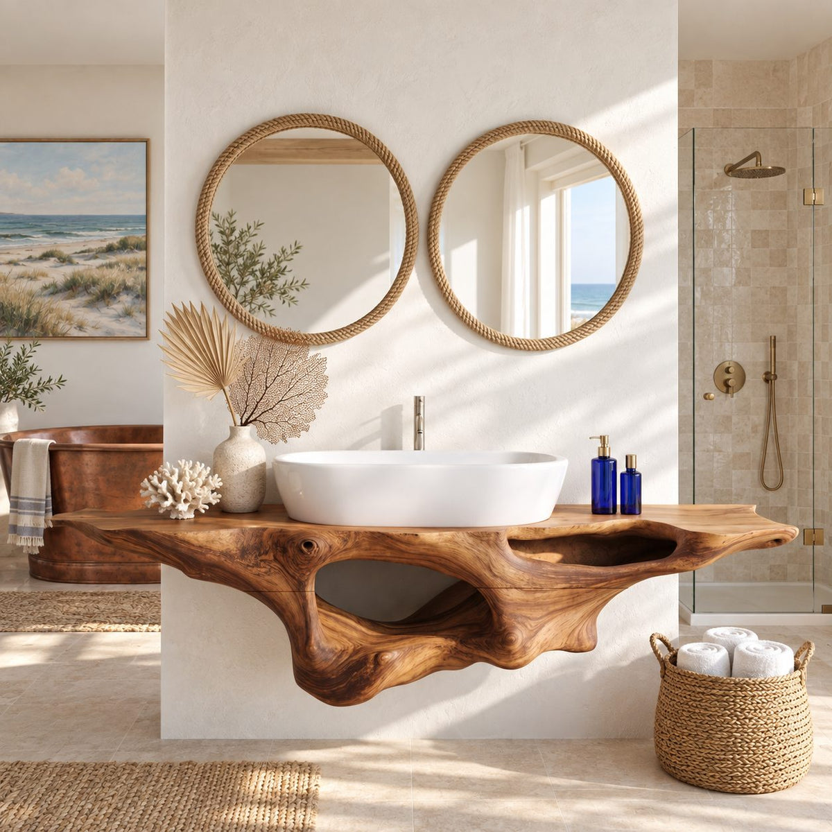 Floating Bathroom Vanity 20-60 Inch Sculpted Driftwood Style Body with Open Hollow, Wall Mounted