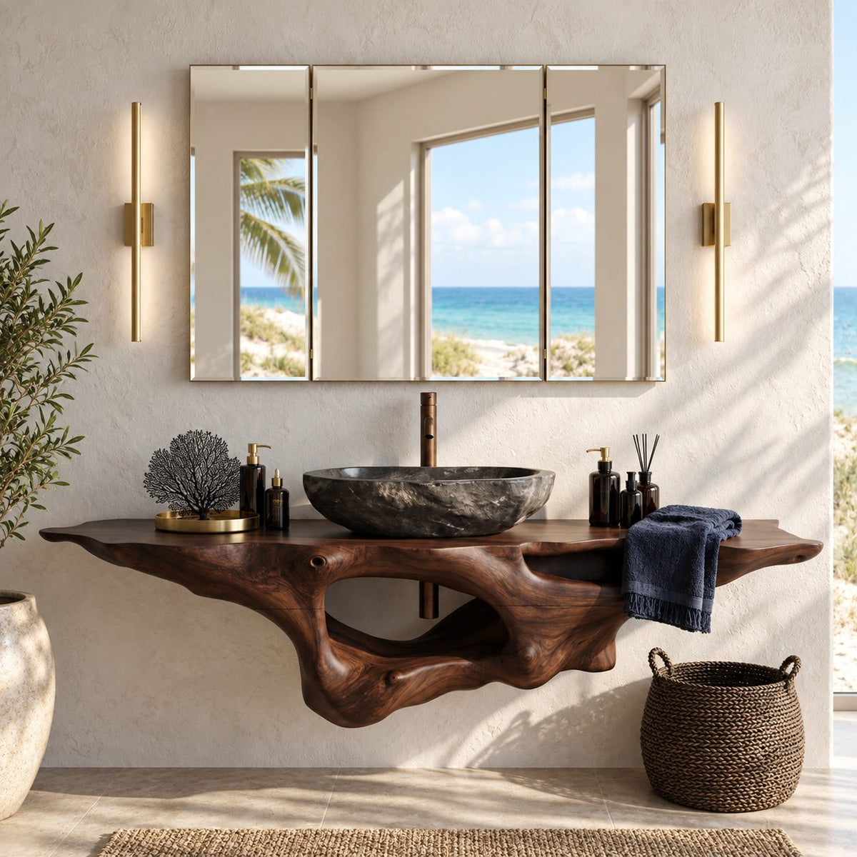 Floating Bathroom Vanity 20-60 Inch Sculpted Driftwood Style Body with Open Hollow, Wall Mounted