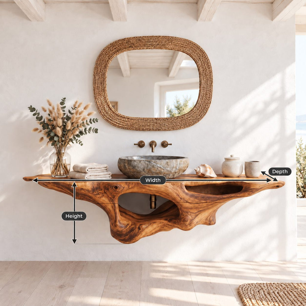 Floating Bathroom Vanity 20-60 Inch Sculpted Driftwood Style Body with Open Hollow, Wall Mounted