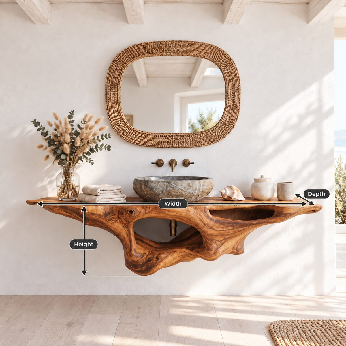 Floating Bathroom Vanity 20-60 Inch Sculpted Driftwood Style Body with Open Hollow, Wall Mounted