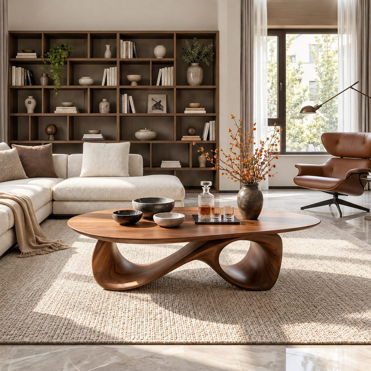 Oval Coffee Table with Infinity Loop Base, Sculpted Solid Wood Low Table for Modern Living Room
