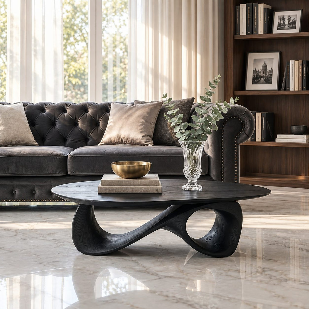 Oval Coffee Table with Infinity Loop Base, Sculpted Solid Wood Low Table for Modern Living Room