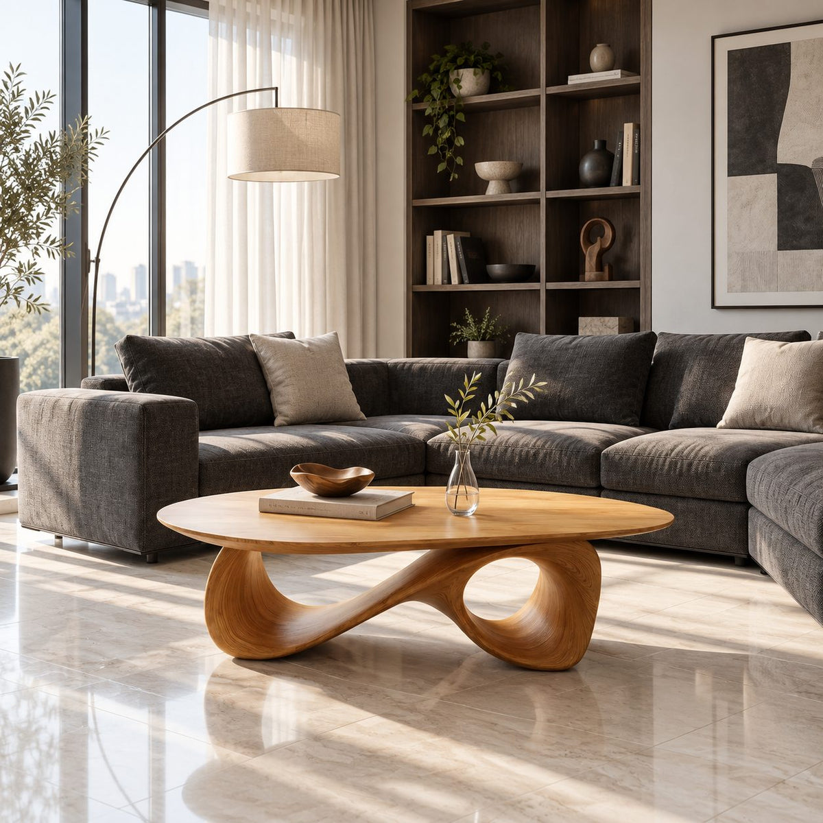 Oval Coffee Table with Infinity Loop Base, Sculpted Solid Wood Low Table for Modern Living Room