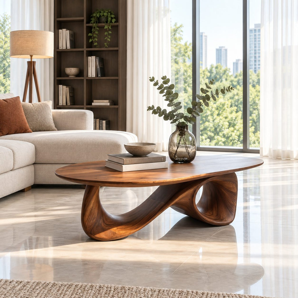 Oval Coffee Table with Infinity Loop Base, Sculpted Solid Wood Low Table for Modern Living Room