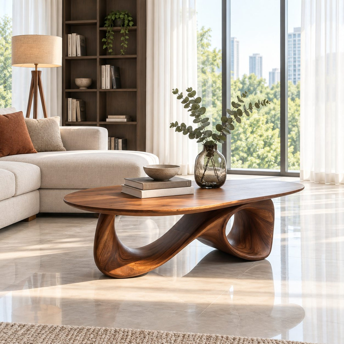 Oval Coffee Table with Infinity Loop Base, Sculpted Solid Wood Low Table for Modern Living Room