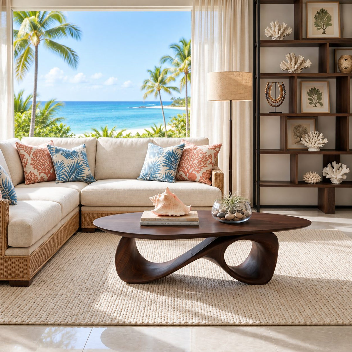 Oval Coffee Table with Infinity Loop Base, Sculpted Solid Wood Low Table for Modern Living Room