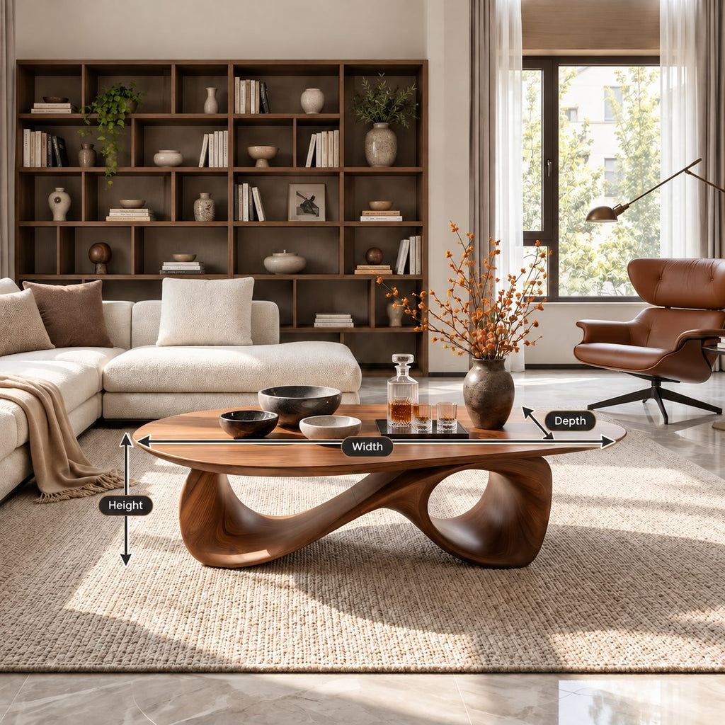Oval Coffee Table with Infinity Loop Base, Sculpted Solid Wood Low Table for Modern Living Room