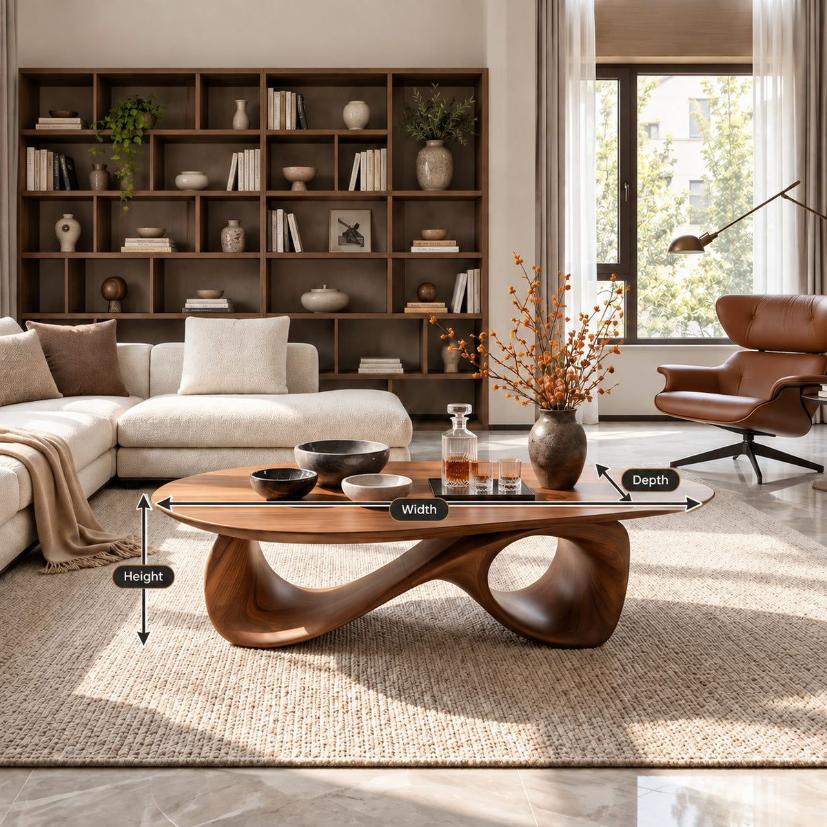 Oval Coffee Table with Infinity Loop Base, Sculpted Solid Wood Low Table for Modern Living Room
