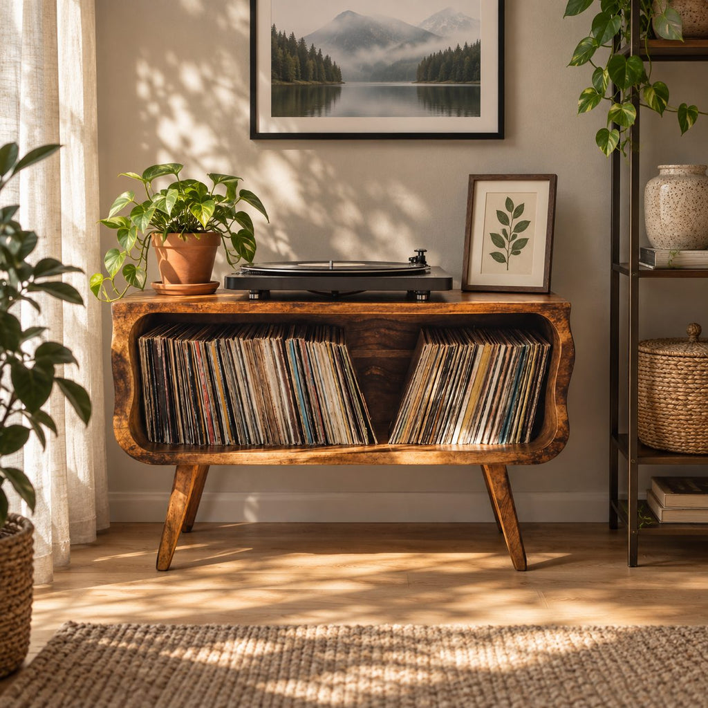 Record Player Stand Mid Century Vinyl Storage Cabinet with Rounded Corners and Tapered Legs