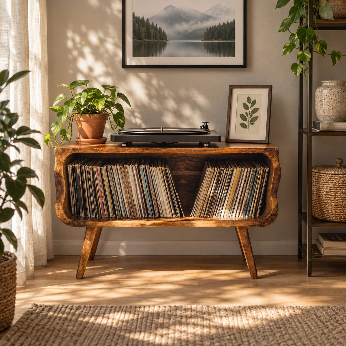 Record Player Stand Mid Century Vinyl Storage Cabinet with Rounded Corners and Tapered Legs