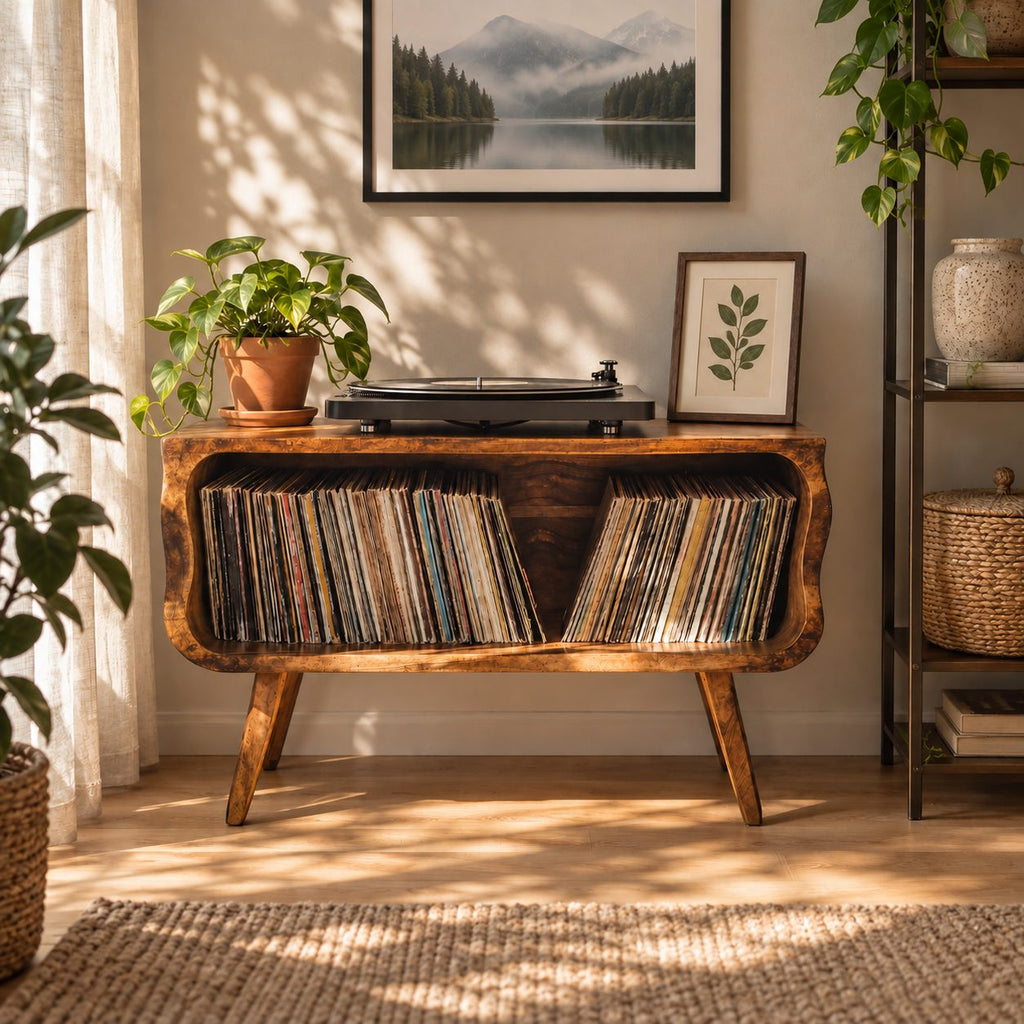 Record Player Stand Mid Century Vinyl Storage Cabinet with Rounded Corners and Tapered Legs