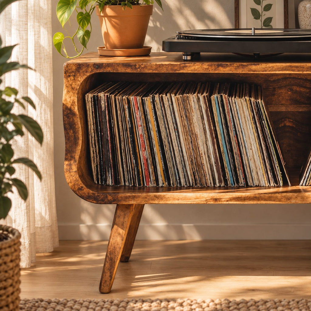 Record Player Stand Mid Century Vinyl Storage Cabinet with Rounded Corners and Tapered Legs