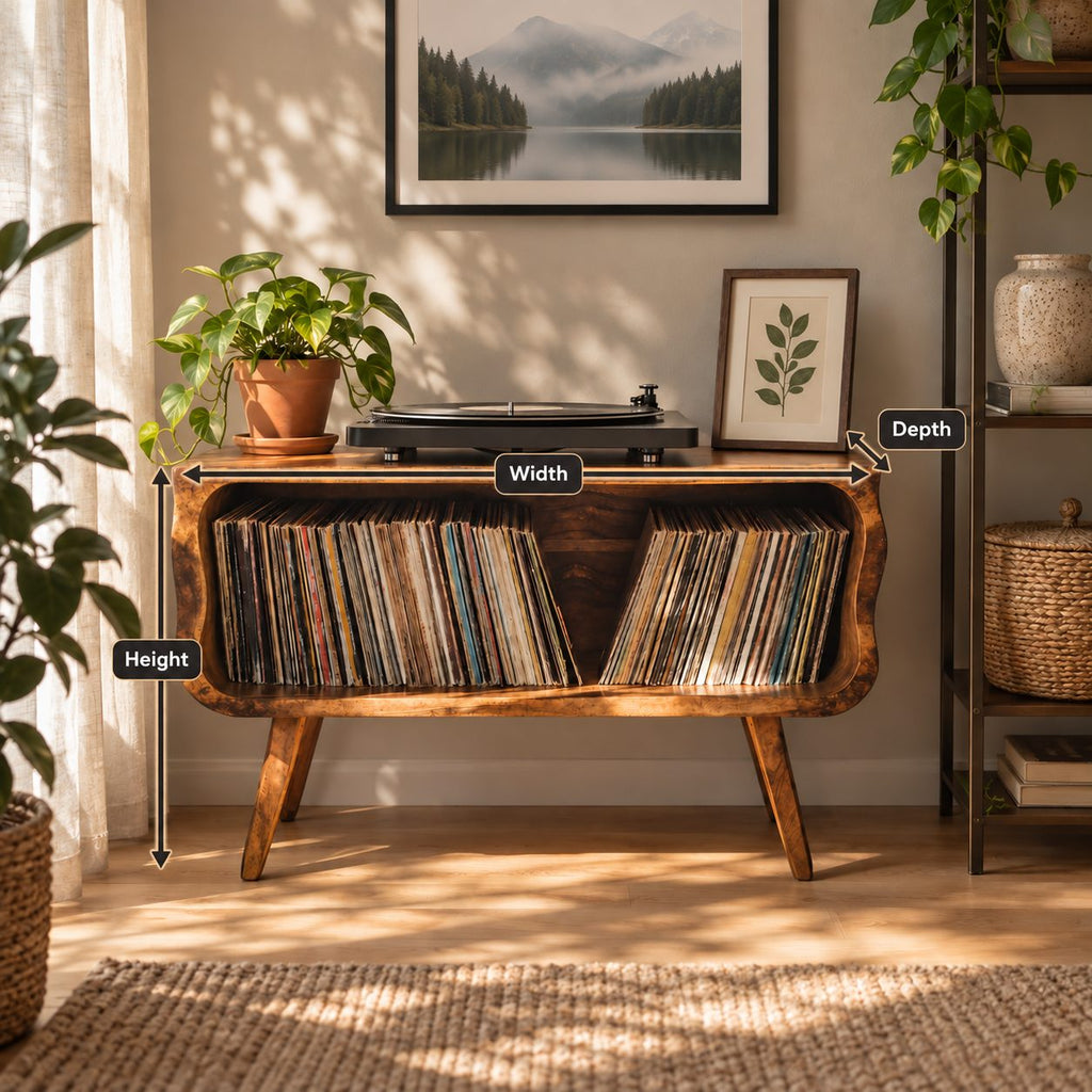 Record Player Stand Mid Century Vinyl Storage Cabinet with Rounded Corners and Tapered Legs