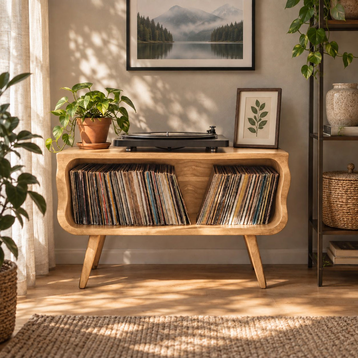 Record Player Stand Mid Century Vinyl Storage Cabinet with Rounded Corners and Tapered Legs