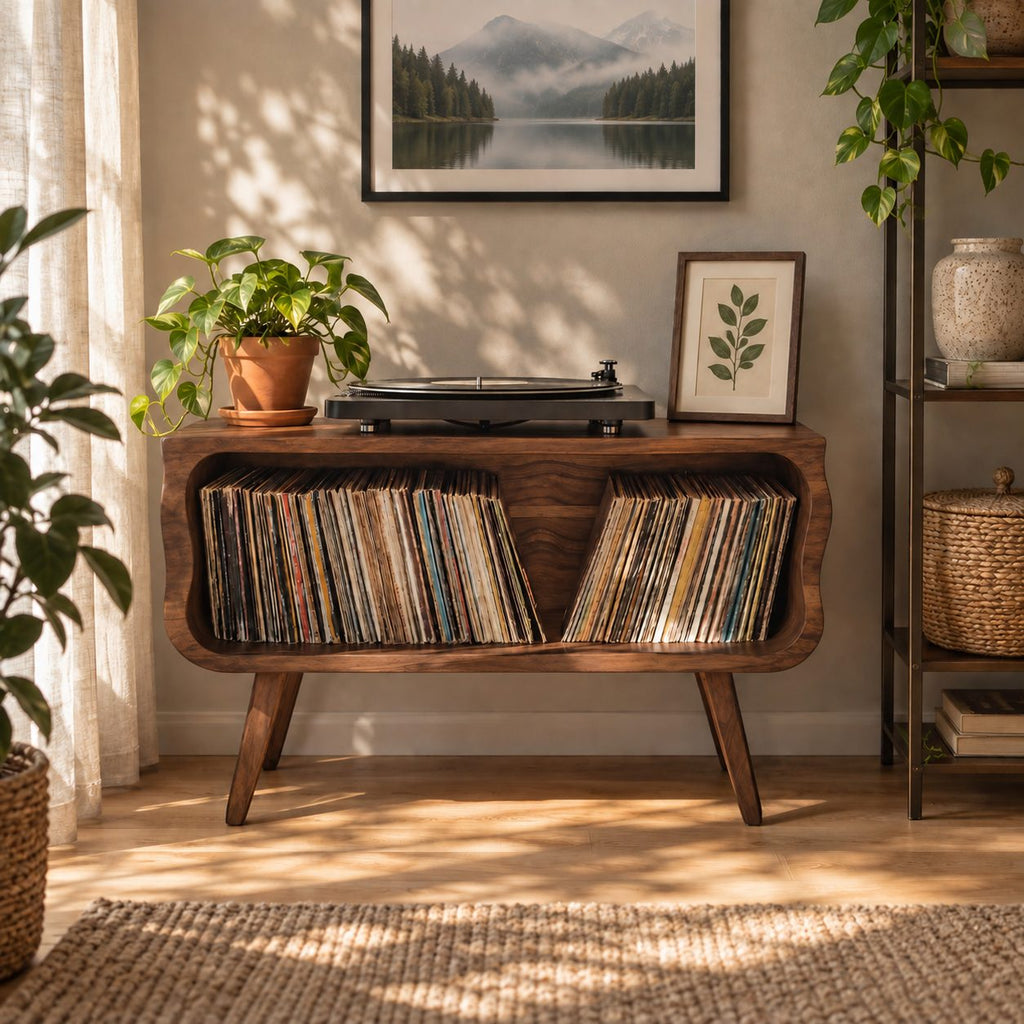 Record Player Stand Mid Century Vinyl Storage Cabinet with Rounded Corners and Tapered Legs