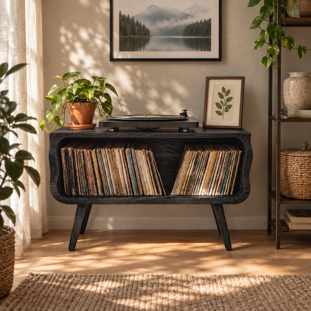 Record Player Stand Mid Century Vinyl Storage Cabinet with Rounded Corners and Tapered Legs