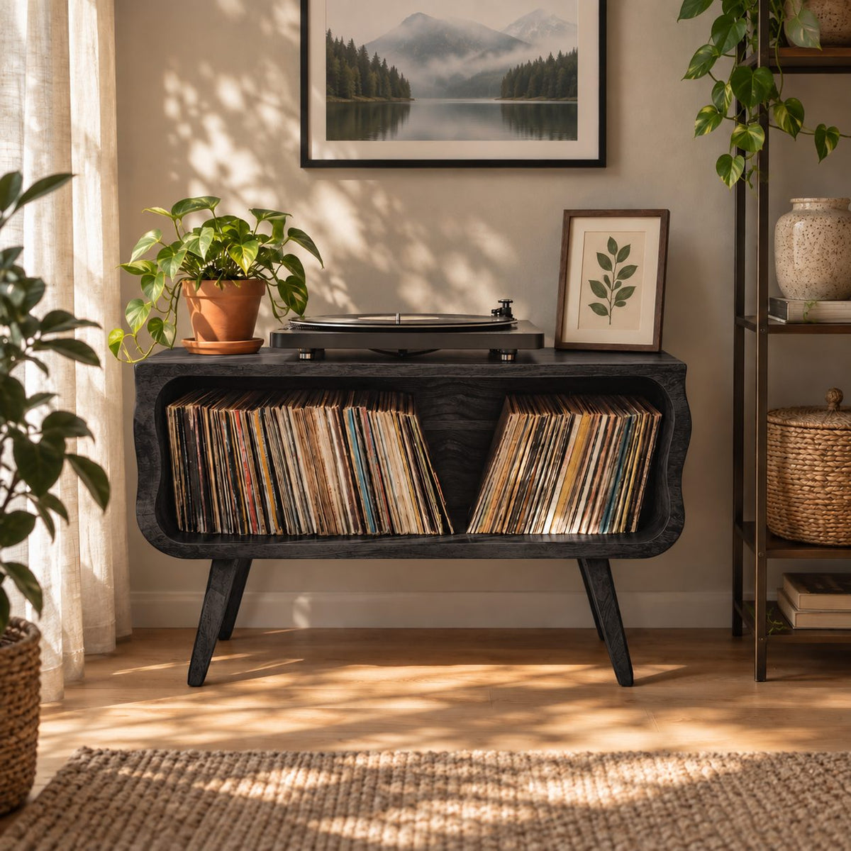 Record Player Stand Mid Century Vinyl Storage Cabinet with Rounded Corners and Tapered Legs
