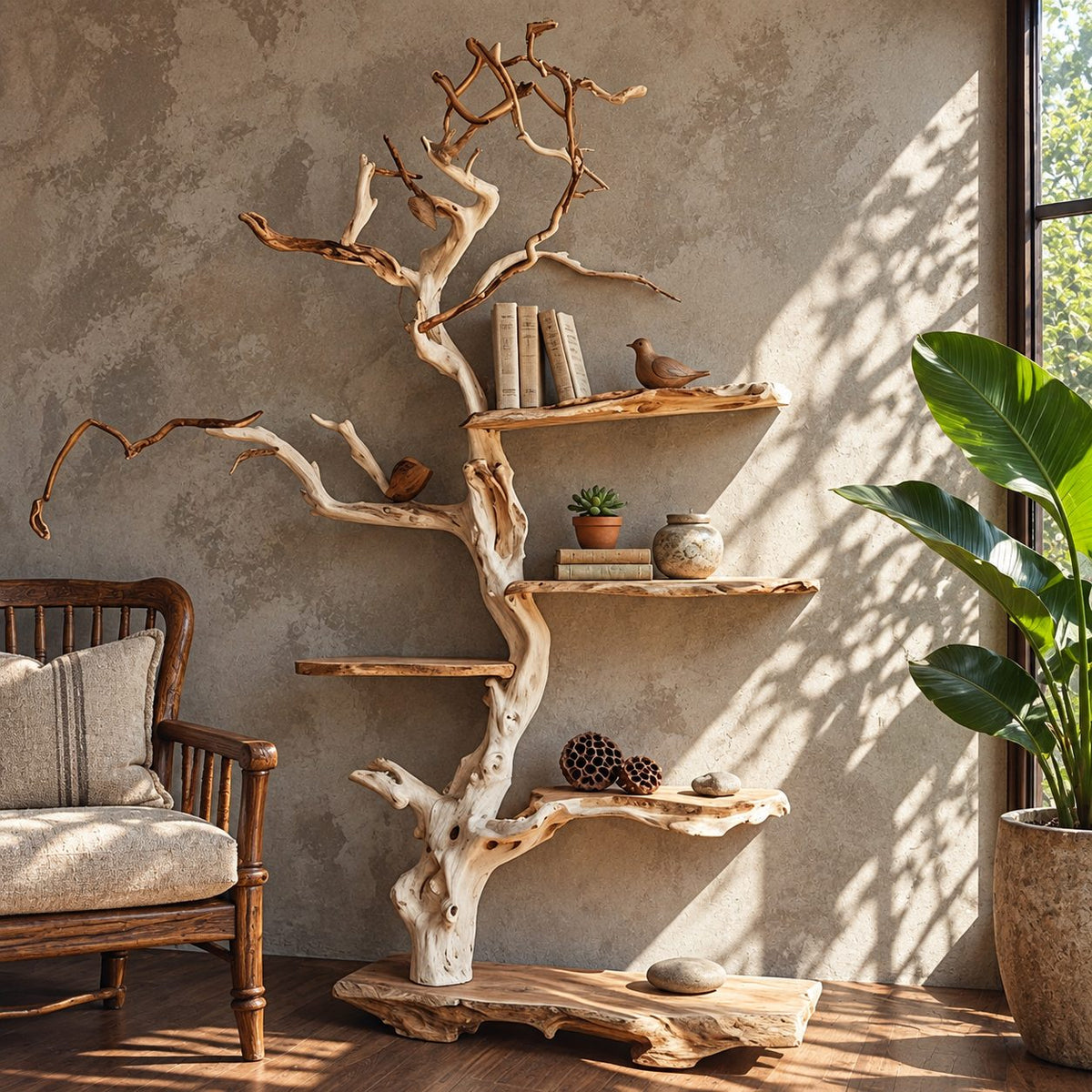 Tree Bookshelf, Freestanding Driftwood Style Branch Shelf with Live Edge Slab Base for Reading Corner