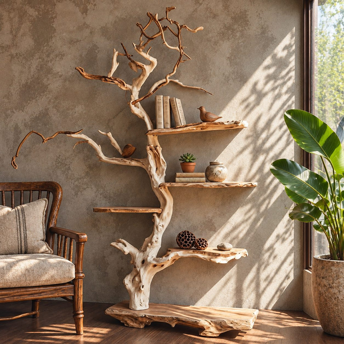 Tree Bookshelf, Freestanding Driftwood Style Branch Shelf with Live Edge Slab Base for Reading Corner