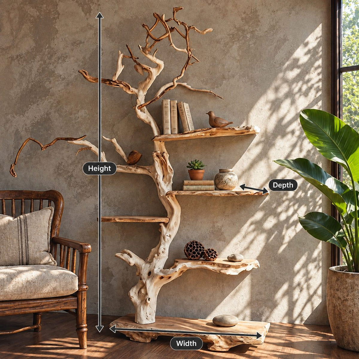 Tree Bookshelf, Freestanding Driftwood Style Branch Shelf with Live Edge Slab Base for Reading Corner