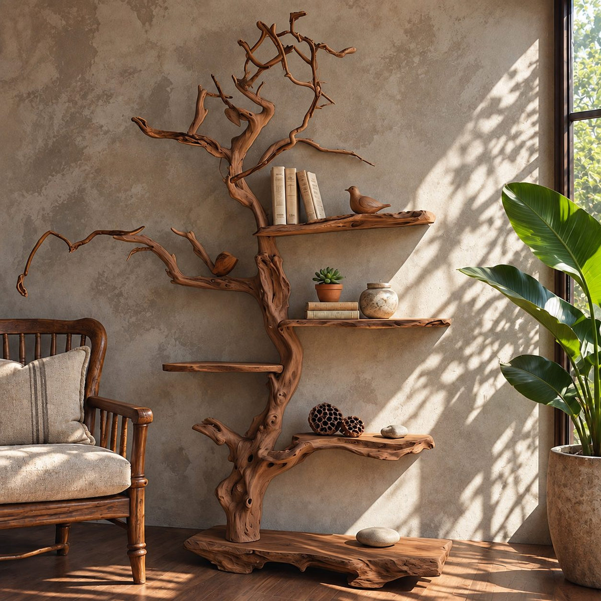 Tree Bookshelf, Freestanding Driftwood Style Branch Shelf with Live Edge Slab Base for Reading Corner