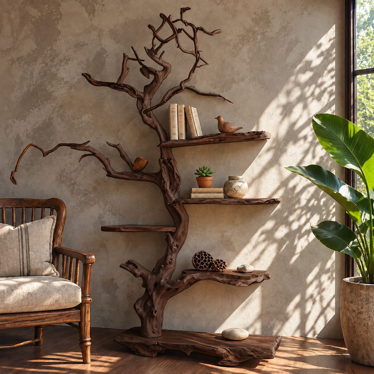Tree Bookshelf, Freestanding Driftwood Style Branch Shelf with Live Edge Slab Base for Reading Corner