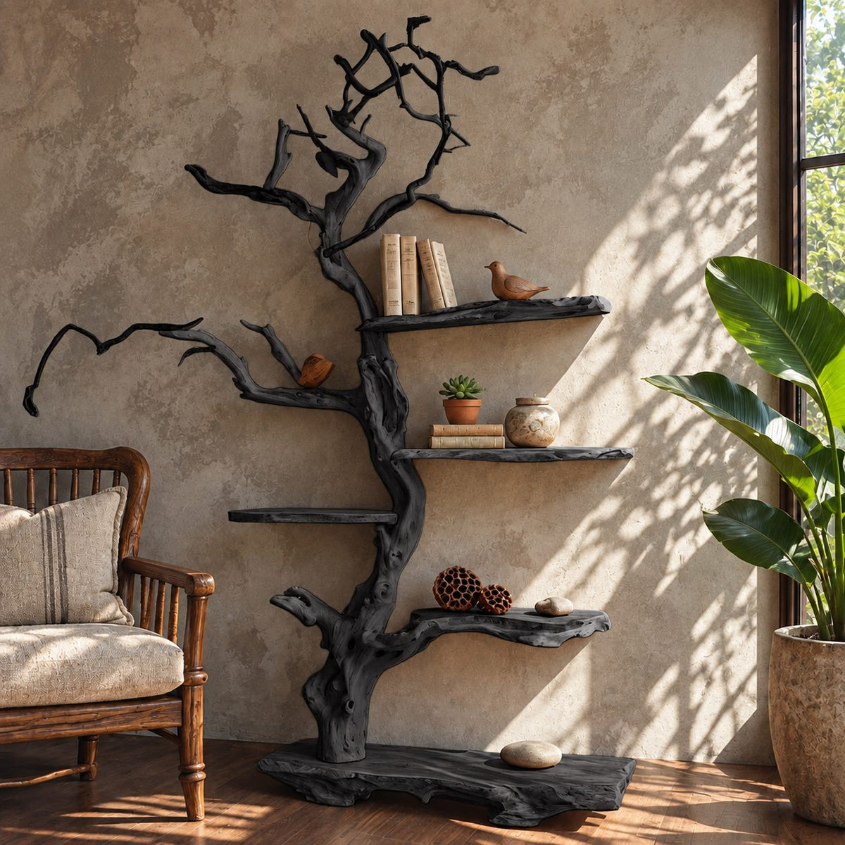 Tree Bookshelf, Freestanding Driftwood Style Branch Shelf with Live Edge Slab Base for Reading Corner