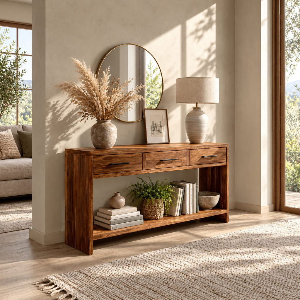 Console Table with 3 Drawers and Open Lower Shelf, Solid Wood Entryway Table for Hallway