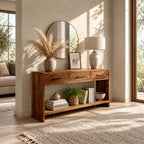 Console Table with 3 Drawers and Open Lower Shelf, Solid Wood Entryway Table for Hallway
