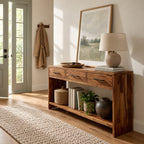 Console Table with 3 Drawers and Open Lower Shelf, Solid Wood Entryway Table for Hallway