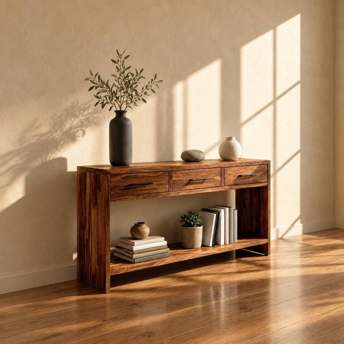 Console Table with 3 Drawers and Open Lower Shelf, Solid Wood Entryway Table for Hallway