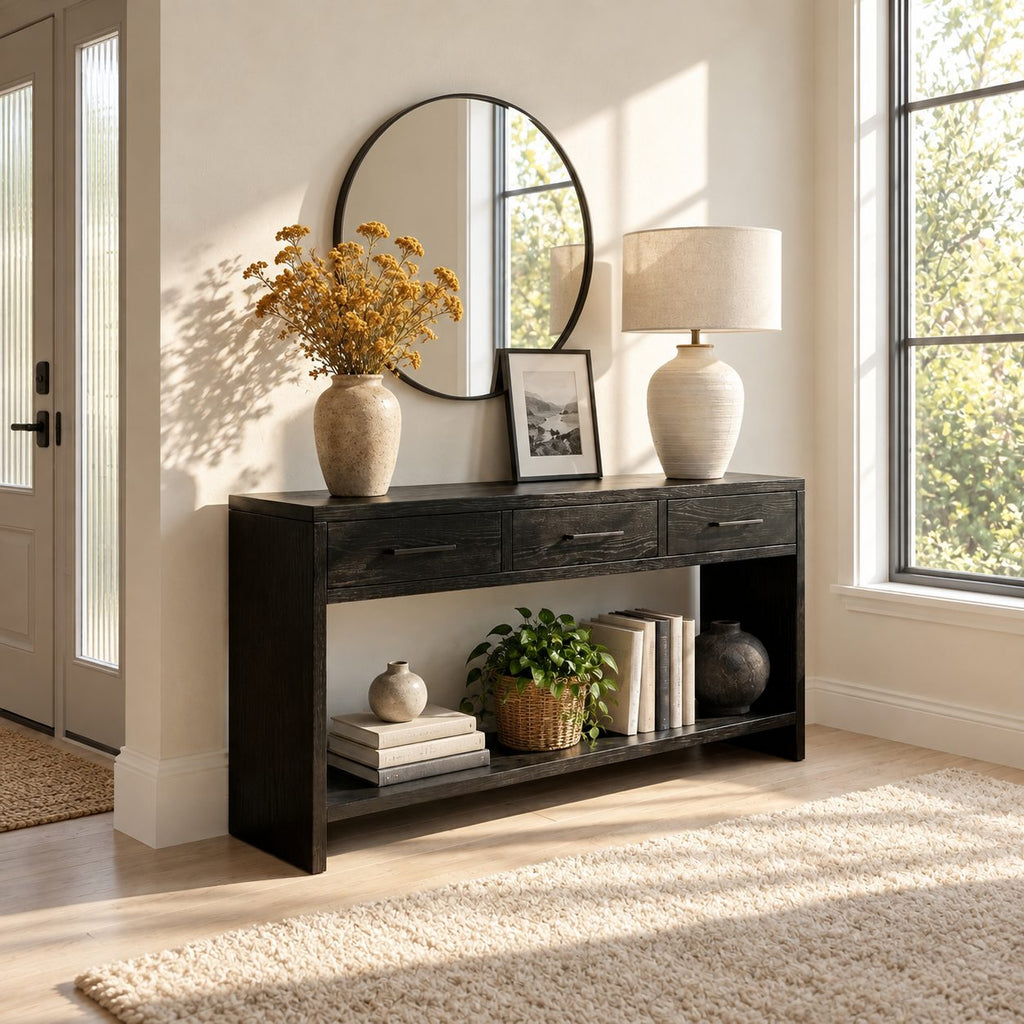 Console Table with 3 Drawers and Open Lower Shelf, Solid Wood Entryway Table for Hallway