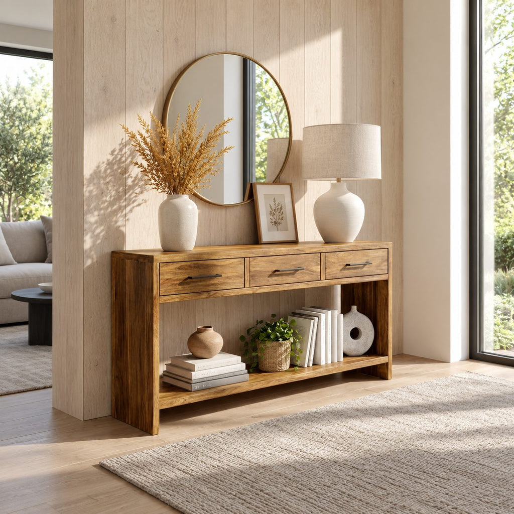 Console Table with 3 Drawers and Open Lower Shelf, Solid Wood Entryway Table for Hallway