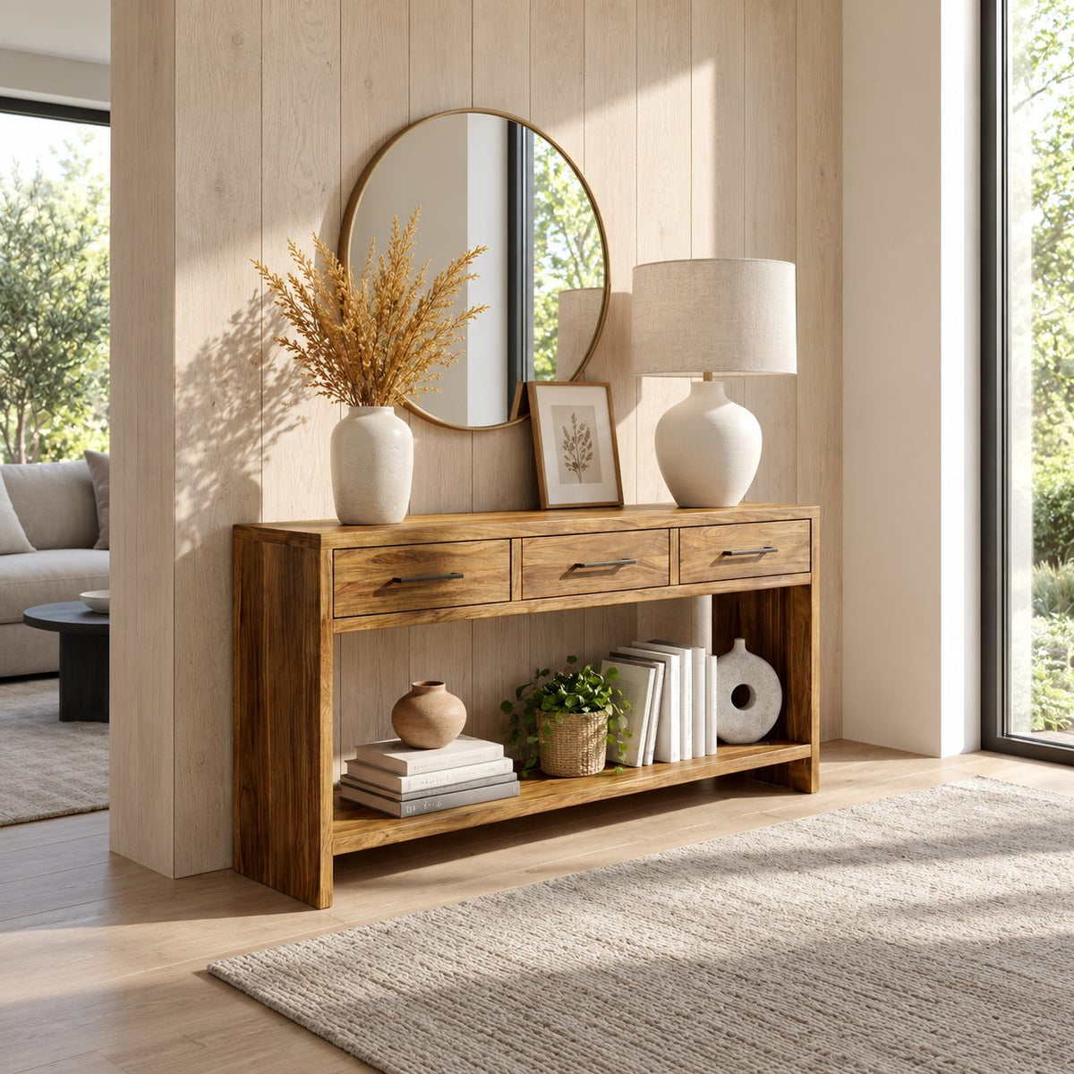 Console Table with 3 Drawers and Open Lower Shelf, Solid Wood Entryway Table for Hallway