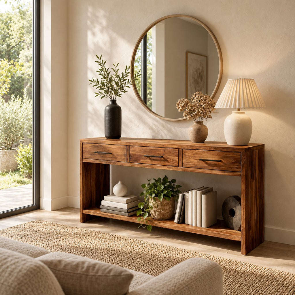 Console Table with 3 Drawers and Open Lower Shelf, Solid Wood Entryway Table for Hallway