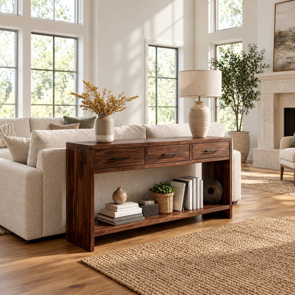 Console Table with 3 Drawers and Open Lower Shelf, Solid Wood Entryway Table for Hallway