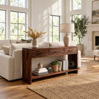 Console Table with 3 Drawers and Open Lower Shelf, Solid Wood Entryway Table for Hallway