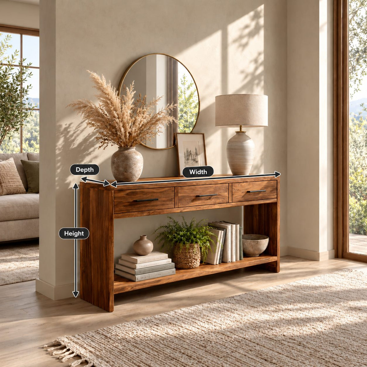 Console Table with 3 Drawers and Open Lower Shelf, Solid Wood Entryway Table for Hallway
