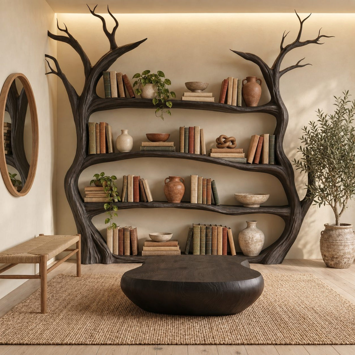 Tree Bookshelf, Large Freestanding Twin Trunk Bookcase with Curving Branch Shelves and Bare Branch Crown