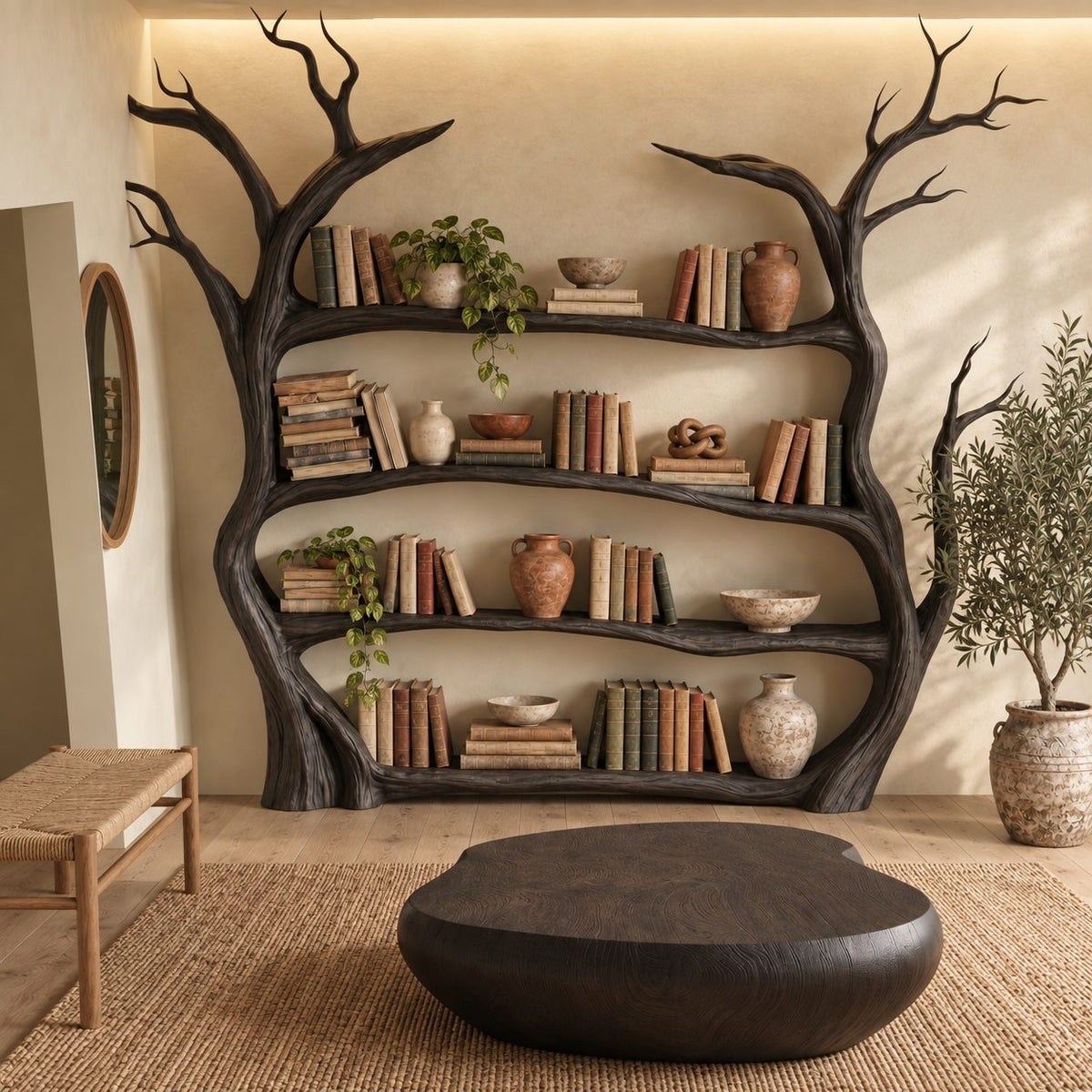 Tree Bookshelf, Large Freestanding Twin Trunk Bookcase with Curving Branch Shelves and Bare Branch Crown