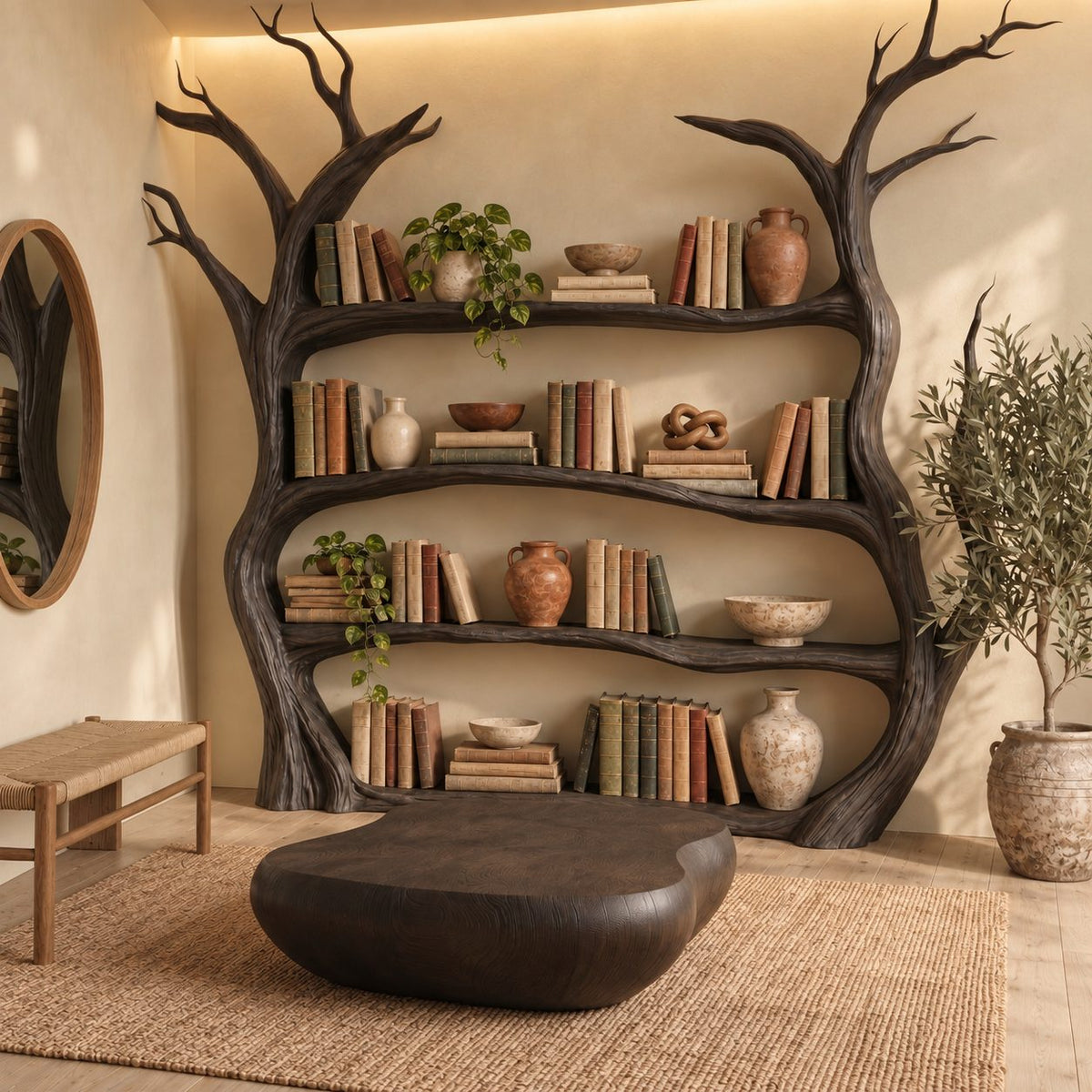 Tree Bookshelf, Large Freestanding Twin Trunk Bookcase with Curving Branch Shelves and Bare Branch Crown